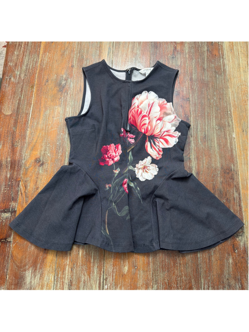 Maeve Anthropologie NWT Black Gray Floral Peplum Top S Keyhole Cutout Back Zip